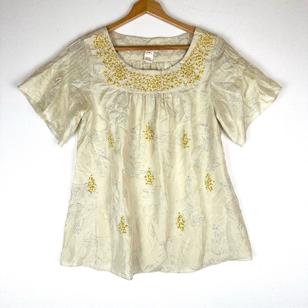 Sundance Embroidered Floral Pintuck Silk SS Blouse Tunic